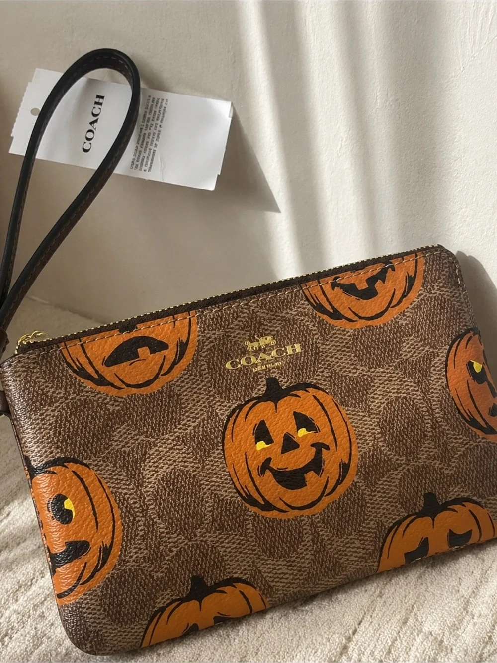 Coach Pumpkin Print Wristlet - Brown & Orange